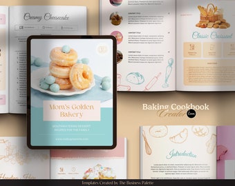 May include: A digital tablet mockup displaying a blue and white graphic with the text "Mom's Golden Bakery" and the tagline "Mouthwatering Dessert Recipes for the Family". The tablet is on a table with a plate of donuts and blue and white Easter eggs.