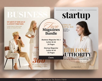 Pacote de Revista de Negócios Volume 1 e Revista Startup | Personalizável no Canva | Materiais de Marketing Profissionais para Startups e Marcas