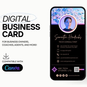 Cartão de Visita Digital | Modelo com QR Code | Totalmente Personalizável no Canva | 1080 x 1920 Pixels | Autopromoção para Coaches e Consultores