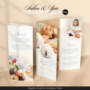 Plantilla de folleto tríptico para salón de belleza y spa / Personalizable en Canva / Tamaño carta en orientación horizontal / PDF imprimible minimalista elegante