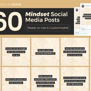Mindset Quotes Instagram Posts | 60 Minimalist Ready-To-Use Instagram Posts & Customizable Canva Templates | Motivational Coach Contents