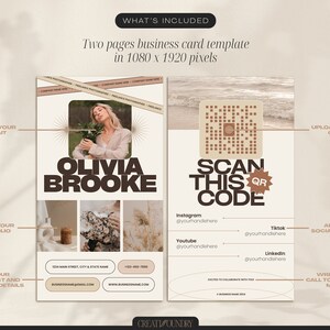 May include: Two-page business card template with a neutral colour palette. The first page features a portrait placeholder, a portfolio section, and contact information. The second page has a QR code, social media handles, and a call to action. The text "SCAN THIS CODE" is in bold, brown text.