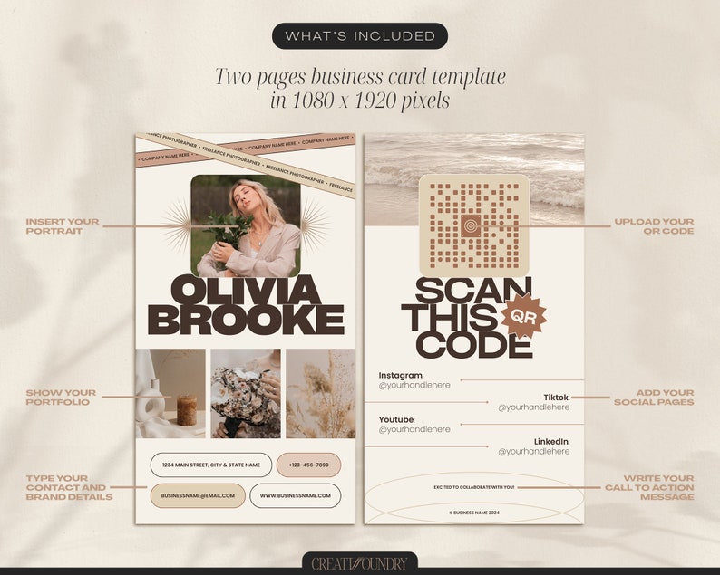 May include: Two-page business card template with a neutral colour palette. The first page features a portrait placeholder, a portfolio section, and contact information. The second page has a QR code, social media handles, and a call to action. The text "SCAN THIS CODE" is in bold, brown text.