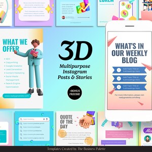 May include: A collection of colorful 3D Instagram post and story templates. The templates feature a variety of designs, including a rocket, a person, a quote of the day, and a blog post. The text "3D Multipurpose Instagram Posts & Stories" is displayed in a large font.