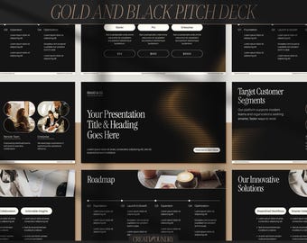 Goldene und schwarze Start-up-Pitch-Deck-Präsentation | Personalisierbar in Canva | 10 Folien | Vorlagen für Service-basierte Unternehmen & Start-Ups