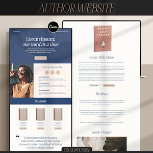 May include: A website mockup for an author, featuring a blue and white color scheme. The website includes a photo of the author, a section for books, a "Get to Know Me" section, and a book trailer. The text "Lorem Ipsum: one word at a time" is displayed at the top of the page.