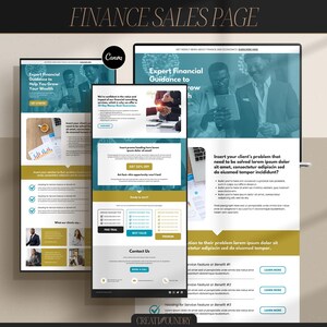May include: A website landing page for a financial services company. The page features a blue and green color scheme with a photo of two men in suits. The text on the page includes the words "Expert Financial Guidance" and "Help You Grow Your Wealth".