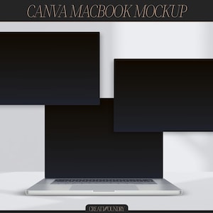 May include: A digital MacBook mockup featuring three laptop screens with black displays. The top text reads CANVA MACBOOK MOCKUP and the bottom text reads CREATIVFOUNDRY. The silver laptop base is visible at the bottom with a keyboard and trackpad.