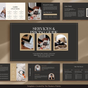 Pu&ograve; includere: Un modello di guida ai servizi e ai prezzi in nero e oro con immagini di un laptop, libri e una donna. Il testo "SERVICES & PRICING GUIDE" &egrave; in grassetto, carattere serif. Il testo "Lorem ipsum dolor sit amet, consectetur adipiscing elit, sed do eiusmod tempor www.yourwebsite.com" &egrave; sotto il titolo.