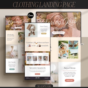 May include: A website landing page for a clothing brand called "Weave Maison". The page features a light brown background with a collage of images of clothing and accessories. The text "Spring Kiss" is featured in a large font at the top of the page. The page also includes a call to action to "Browse Collection".