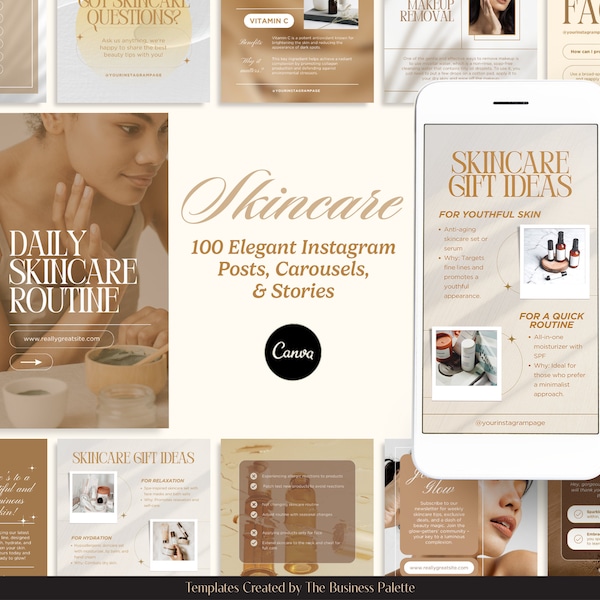 100 Elegant Skincare Instagram Posts & Stories | Social Media Canva Templates Bundle | Gold and White Theme | Esthetician Beauty Contents