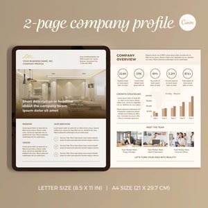 Brochura de Perfil da Empresa | Personalizável no Canva | Modelo de 2 Páginas | Tamanhos Carta e A4 | Breve Introdução à Marca para Pequenas Empresas