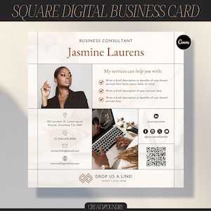 Quadratische Digitale Visitenkarte mit QR Code | Personalisierbar in Canva | 20x20cm | Coaching & Beratung 1-Seiter Flyer | Brand Marketing Vorlage