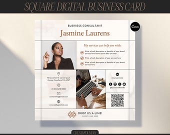 Square Digital Business Card with QR Code | Customizable in Canva | 8"x8" | Coaching & Consultation 1-Page Flyer | Brand Marketing Template