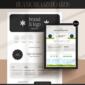 May include: A blank brand board template with a black and white colour scheme. The template includes sections for a logo, brand name, subheading, alternative logos, logo variations, heading, paragraph, elements and icons. The template is designed to help businesses create a cohesive brand identity.