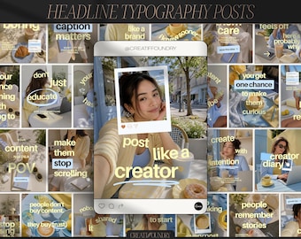 Trendy Headline Typography Instagram Posts | Customizable in Canva | 30 Templates | Butter Yellow & Blue Aesthetic for UGC Content Creators