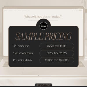 May include: A laptop displays a Canva design interface with a black and gold "SAMPLE PRICING" graphic. The pricing is listed for design times under 1 minute, 1-2 minutes, and over 2 minutes. The Canva logo is visible.