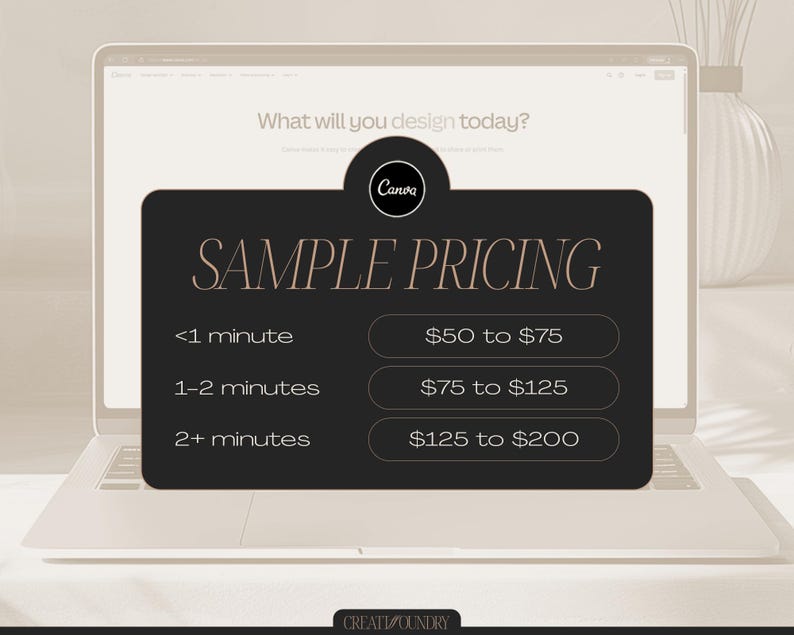 May include: A laptop displays a Canva design interface with a black and gold "SAMPLE PRICING" graphic. The pricing is listed for design times under 1 minute, 1-2 minutes, and over 2 minutes. The Canva logo is visible.