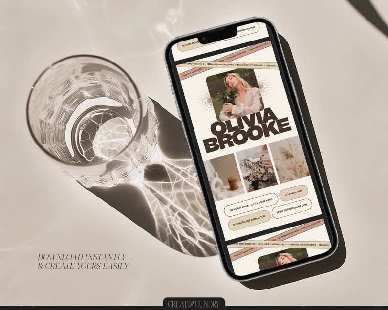 May include: A mobile phone screen displaying a social media post with a collage of images. The post features a woman with brown hair, a floral arrangement, a piece of fabric, and a bouquet of dried flowers. The text "Olivia Brooke" is displayed in brown text on a beige background. The post includes contact information, including a website address and phone number.