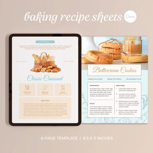 以下が含まれることがあります： クラシックなクロワッサンとバタークリームクッキーの印刷可能なベーキングレシピテンプレートを表示するデジタルタブレット。テンプレートは6ページのレシピブック用に設計されており、8.5 x 11インチです。