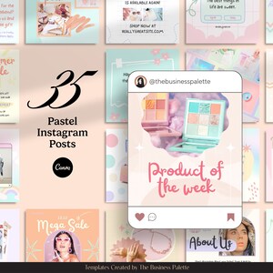 May include: A collection of 35 pastel-colored Instagram post templates. The templates feature various designs, including a summer sale announcement, a product of the week highlight, and a 'Mega Sale' promotion. The templates are designed to be visually appealing and engaging for social media.