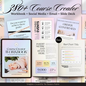 Puede incluir: Un libro de trabajo digital para creadores de cursos con un esquema de color rosa, blanco y azul. El libro de trabajo incluye una línea de tiempo, una hoja de ruta, un gráfico de barras y una sección para insertar métricas y estadísticas. El texto "Course Creator Workbook" aparece en la portada.