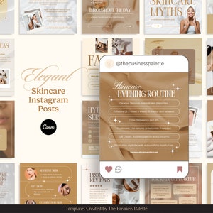 Pode incluir: Uma colagem de postagens do Instagram com um esquema de cores marrom claro e bege. As postagens apresentam texto sobre rotinas de cuidados com a pele, mitos e ideias de presentes. O texto "Elegant Skincare Instagram Posts" aparece em uma fonte grande no topo da colagem.