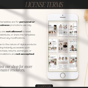 May include: A white smartphone displays a digital product with multiple layout designs. The screen shows various templates with images and text. The image also includes text that reads "LICENSE TERMS" and "Visit our shop for more creative resources."