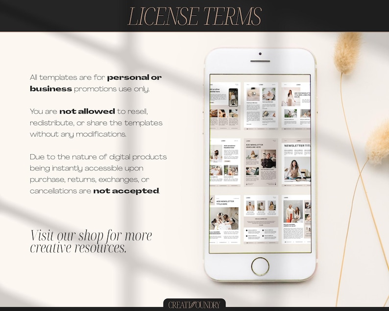 May include: A white smartphone displays a digital product with multiple layout designs. The screen shows various templates with images and text. The image also includes text that reads "LICENSE TERMS" and "Visit our shop for more creative resources."