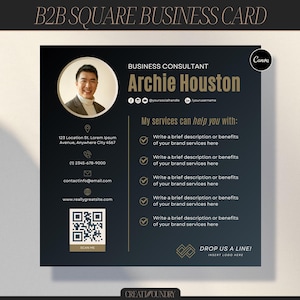 B2B quadratische digitale Visitenkarte mit QR-Code | Personalisierbar in Canva | 20x20cm | 1-seitiger Flyer | Brand Services Marketing Vorlage