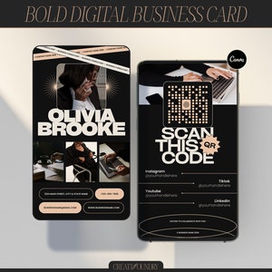 May include: A black and gold digital business card with a QR code, the text "SCAN THIS QR CODE", and social media handles for Instagram, YouTube, TikTok, and LinkedIn. The card also features a photo of a woman in a black outfit and a collage of images.