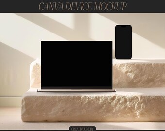 Canva Geräte Mockup Vorlage | iPhone & MacBook | Minimalistische Ästhetik | Minimal Stein Arrangement | Produktmockup | Website Präsentation