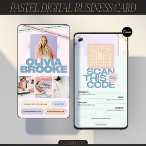 May include: A pastel pink and blue digital business card with a photo of Olivia Brooke and a QR code. The card includes contact information for Instagram, YouTube, TikTok, and LinkedIn. The text "SCAN THIS QR CODE" is in bold, white letters.