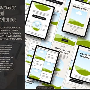 May include: An image showcasing e-commerce email wireframes on tablets. The wireframes feature sections for headlines, product descriptions, and call-to-action buttons. The design includes green and white elements, with text indicating categories like beauty, sports, and lifestyle products.