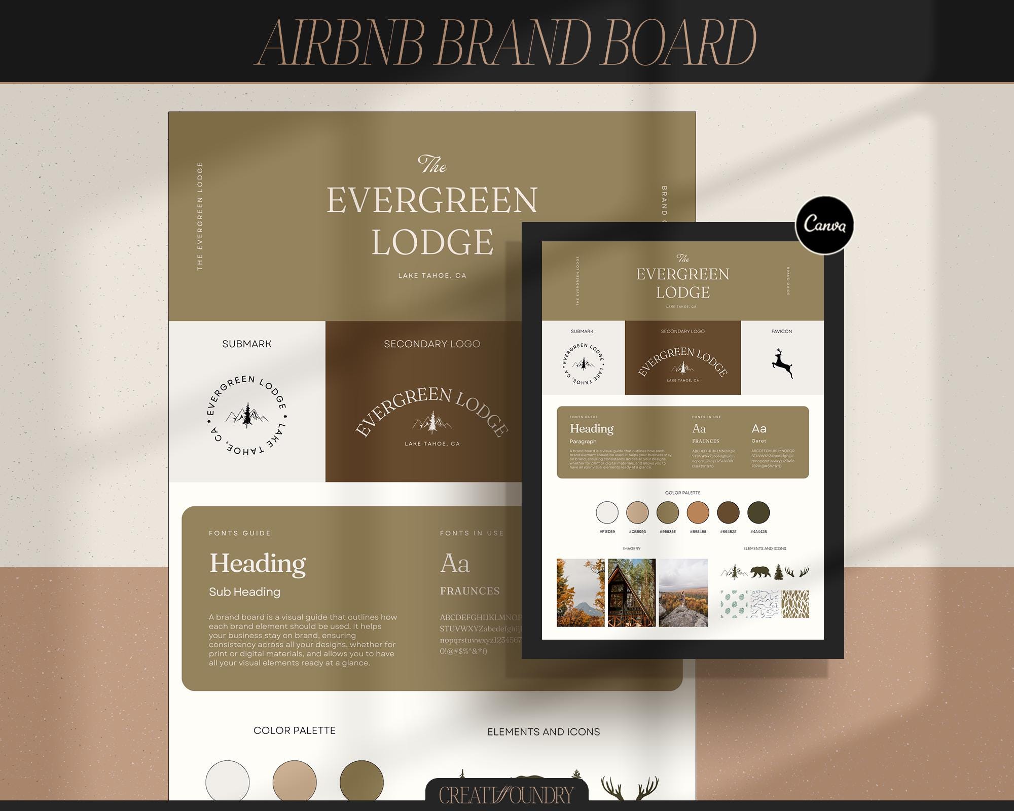 Airbnb Brand Board | Canva Template | Premade Branding Kit | Fully Customizable | Mood Board for Vacation Rentals | Cozy Cabin Businesses