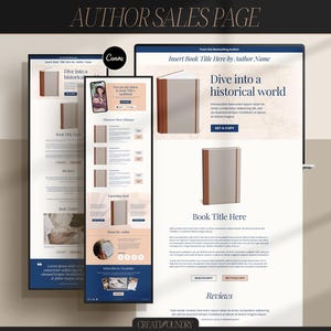 May include: A digital mockup of an author sales page, showcasing a book cover design. The page features the text "Dive into a historical world" and "Book Title Here". The design includes a mobile phone displaying the book cover.