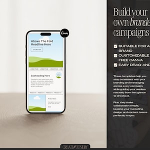 May include: A smartphone displays a Canva template with a headline and subheading, showcasing a design for branded campaigns. Text on the right highlights customization, ease of use, and brand consistency. The image promotes digital marketing tools.