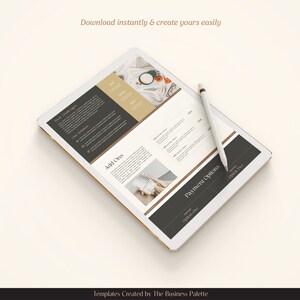 Pu&ograve; includere: Uno schermo di tablet che mostra un modello digitale per un'azienda. Il modello include sezioni per "Their Challenges", "Our Solutions", "Add Ons", "Payment Options" e "Download instantly & create yours easily". Il testo "Templates Created by The Business Palette" &egrave; nella parte inferiore dello schermo.