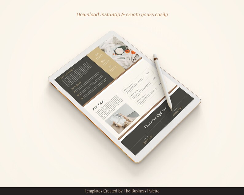 Pu&ograve; includere: Uno schermo di tablet che mostra un modello digitale per un'azienda. Il modello include sezioni per "Their Challenges", "Our Solutions", "Add Ons", "Payment Options" e "Download instantly & create yours easily". Il testo "Templates Created by The Business Palette" &egrave; nella parte inferiore dello schermo.