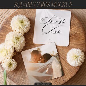Maquette de cartes carrées | Fichiers PSD et JPG | Photoshop ou Photopea | Ensemble de deux faire-part | Papiers de voeux recto et verso | Cartes printanières flatlay