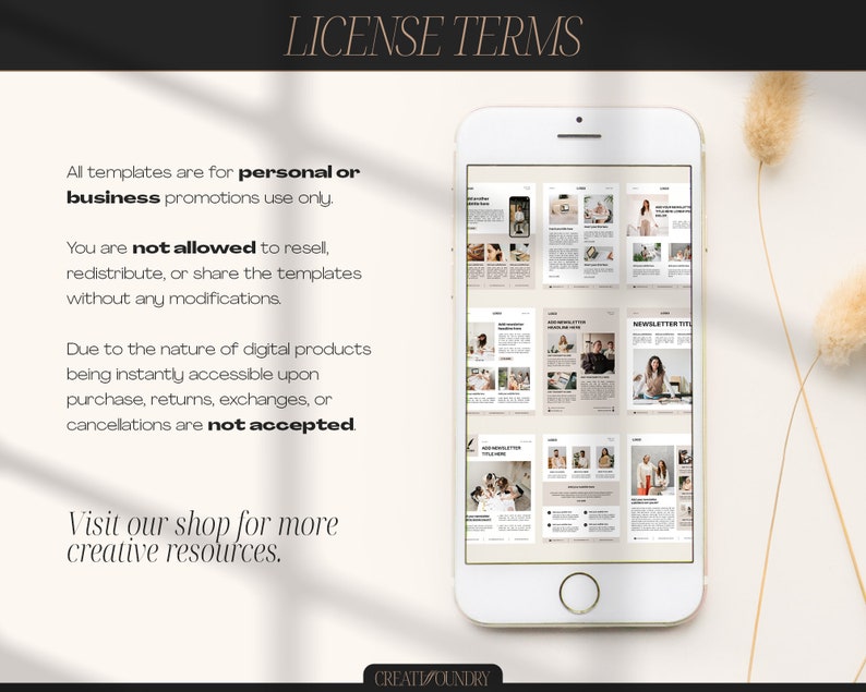 May include: A white smartphone displaying a mockup of a newsletter template with images and text. The text on the screen reads "Newsletter Title" and "Add Newsletter Headline Here". The phone is on a beige surface with a dried flower stem.