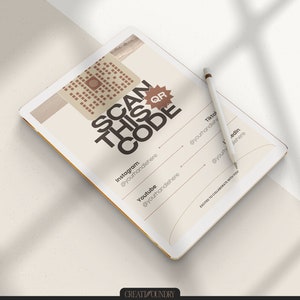 May include: A white tablet with a QR code on the screen. The text on the screen reads "SCAN THIS CODE" and includes social media handles for Instagram, Youtube, Tiktok, and a website. The tablet is on a white surface with a white pencil next to it.