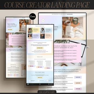 May include: A landing page template for an online course. The page features a pink and blue color scheme with a photo of a book and candles. The text on the page includes the words "Course", "Get 20% Off", "Ready to Enroll", "Get to Know More", and "Learn More".