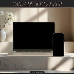 May include: A laptop and smartphone with blank black screens are on a white surface. A white vase with white flowers is to the left. The text "CANVA DEVICE MOCKUP" is at the top. The bottom right corner has the text "CREATECOUNTRY".