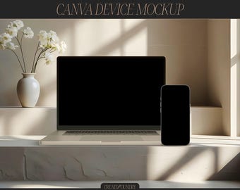 Canva Geräte Mockup Vorlage | iPhone & MacBook | Minimalistische Ästhetik | Gemütliche Inneneinrichtung | Produktmockup | Website Präsentation