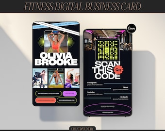 May include: A black and yellow digital business card for a fitness coach named Olivia Brooke. The card features a QR code with the text "Scan this QR code" and social media handles for Instagram, YouTube, TikTok, and LinkedIn.