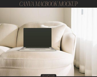 Canva Macbook Mockup Vorlage | Elegantes Laptop Gerät | Minimale Ästhetik | Gemütliche Inneneinrichtung | Produktmappe | Website Design Mockup