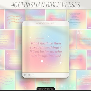 Puede incluir: Un collage de 40 versículos bíblicos cristianos que se muestran en un fondo degradado en tonos pastel de rosa, azul y amarillo. Los versículos están enmarcados en blanco y tienen un borde blanco. El texto "40 VERSÍCULOS BÍBLICOS CRISTIANOS" está en la parte superior de la imagen. El texto "CREATIFFOUNDRY" está en la parte inferior de la imagen.