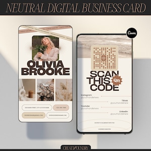 Neutraal digitaal visitekaartje | Sjabloon met QR-code | Aanpasbaar in canvas | 1080 x 1920 pixels | Voor fotografen en minimalistische merken