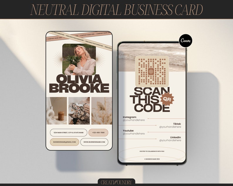 May include: A neutral-toned digital business card featuring a QR code, contact details, and the name Olivia Brooke. The background is a beach scene with waves.